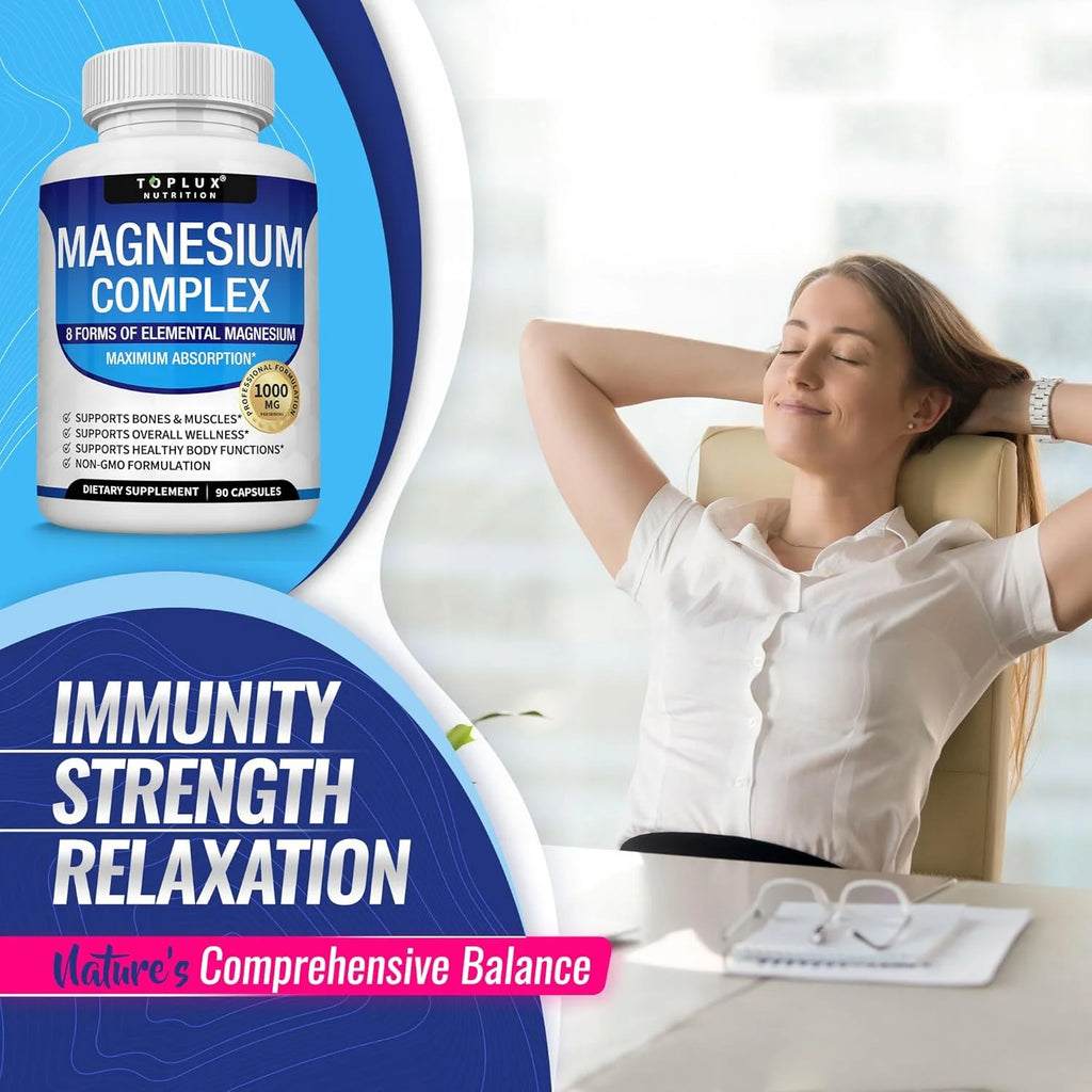 Magnesium Complex 1000MG Supplement - Magnesium Glycinate, Citrate & Malate - Sleep Support, Stress Relief, Muscles & Relaxation