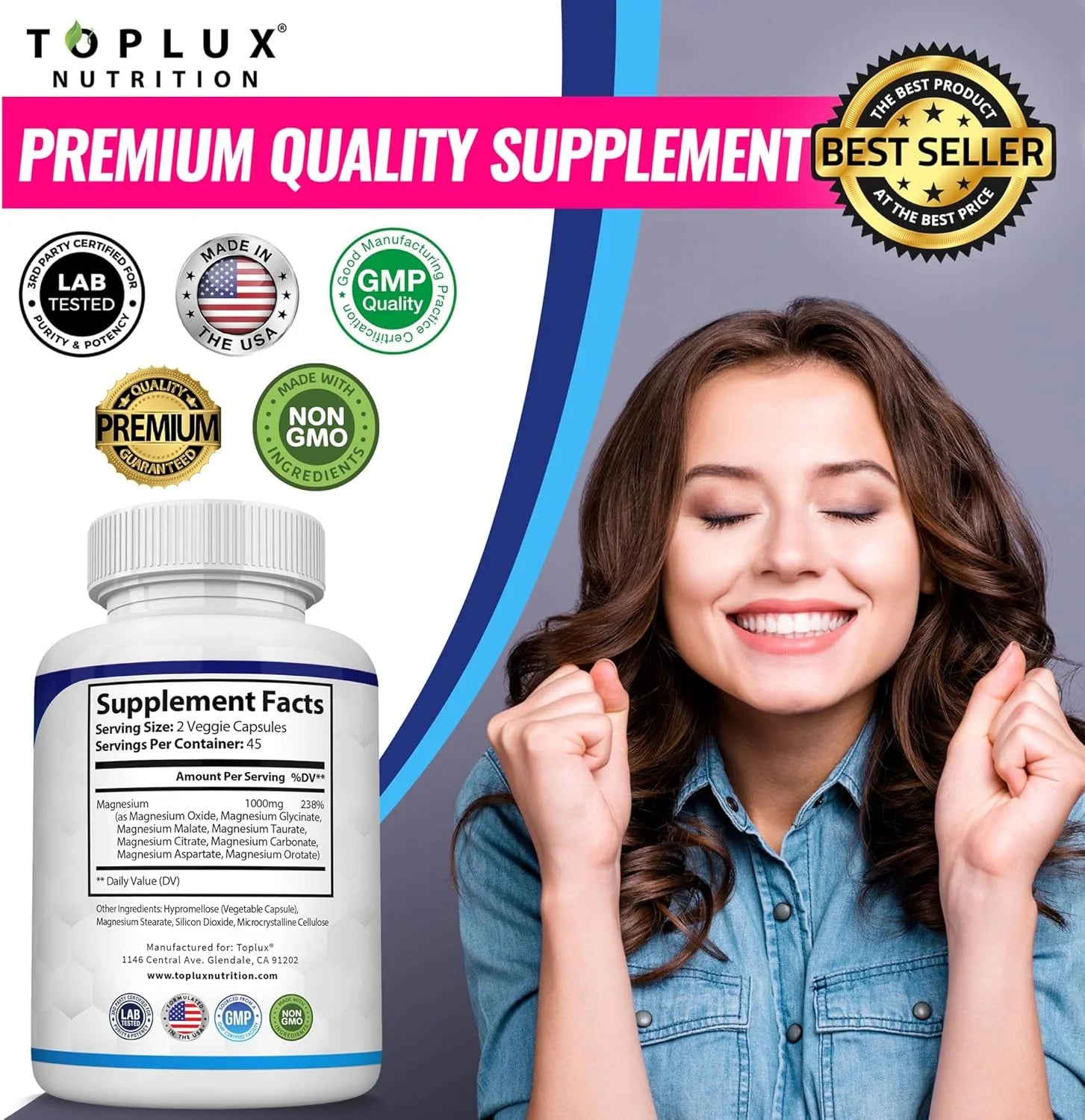 Magnesium Complex 1000MG Supplement - Magnesium Glycinate, Citrate & Malate - Sleep Support, Stress Relief, Muscles & Relaxation